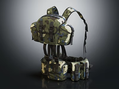 Camouflage Military Style Backpack With Multiple Pockets And Adjustable Straps 3d model