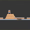 Cartoon Scene Of Ancient Stepped Pyramid With Top Temple And Symmetrical Orange Blue Buildings