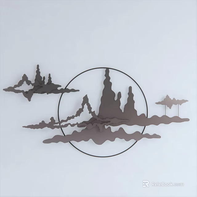 Modern Metal Wall Decor with Mountain Cloud Shapes and Circular Frame 3d model