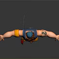 3D Cartoon Style Muscular Character With Blue Hat Beard Arm Tattoos Waist Tools Arms Outstretched