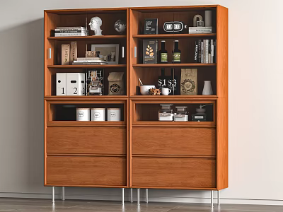 Wooden Sideboard with Shelves and Drawers Holding Decorative Items Books Jars 3d model