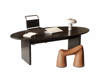 Modern Wooden Desk With Oval Top Featuring Laptop Lamp And Open Book Near Brown Stool 3d model