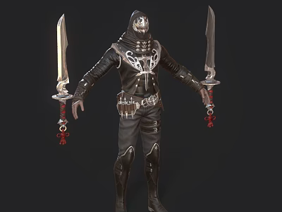 Game Movie Character In Black Outfit With White Skull Motifs And Dual Swords 3d model