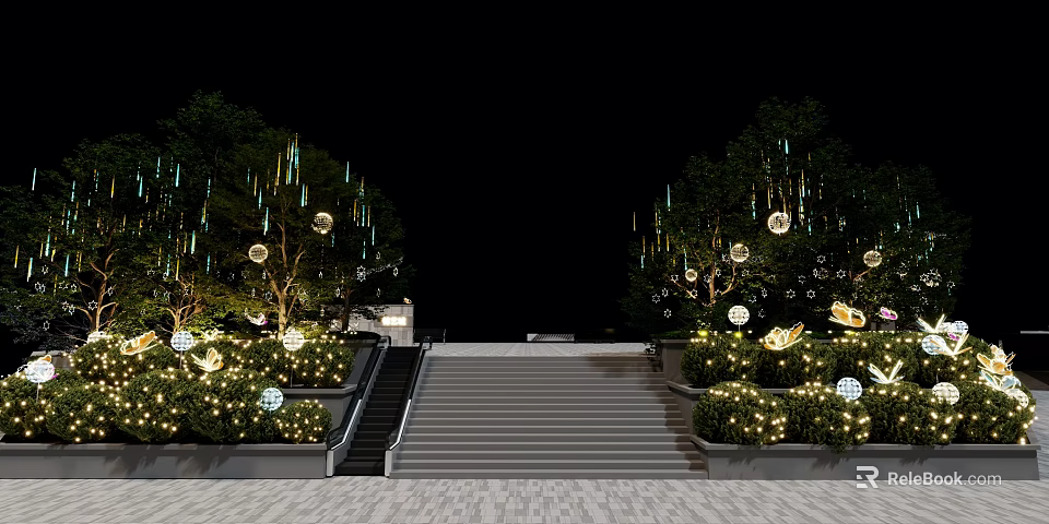 Nighttime Floral Display With Decorative Trees Hanging Spheres And Staircase Greenery 3d model 
