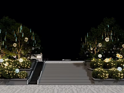 Nighttime Floral Display With Decorative Trees Hanging Spheres And Staircase Greenery 3d model