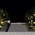 Nighttime Floral Display With Decorative Trees Hanging Spheres And Staircase Greenery