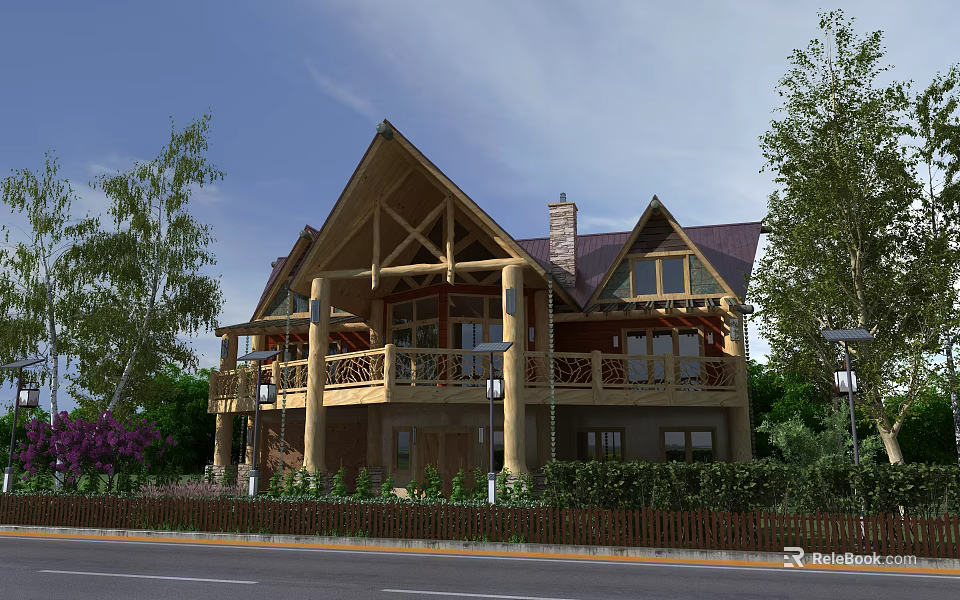 Classic Wooden House With Balcony Chimney And Lush Greenery Surrounded By Trees 3d model 