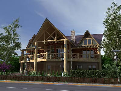 Classic Wooden House With Balcony Chimney And Lush Greenery Surrounded By Trees 3d model