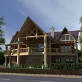 Classic Wooden House With Balcony Chimney And Lush Greenery Surrounded By Trees
