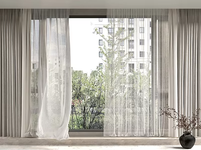 Light Colored Curtains With Sheer Panels And Drapes For Window View Of Trees And Buildings 3d model