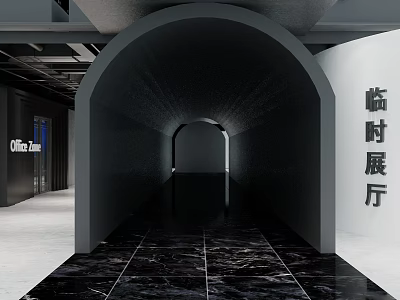 Modern Temporary Exhibition Hall Interior With Black Archway And Marble Floor 3d model