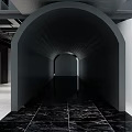 Modern Temporary Exhibition Hall Interior With Black Archway And Marble Floor