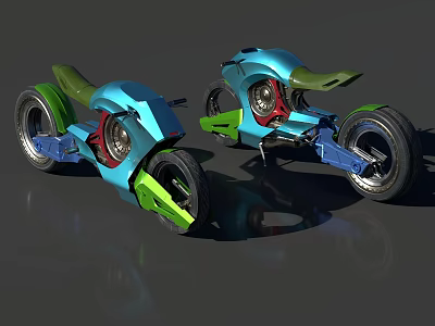 Two Futuristic Blue And Green Motorcycles With Unique Body Design And Wheels 3d model