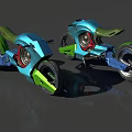 Two Futuristic Blue And Green Motorcycles With Unique Body Design And Wheels