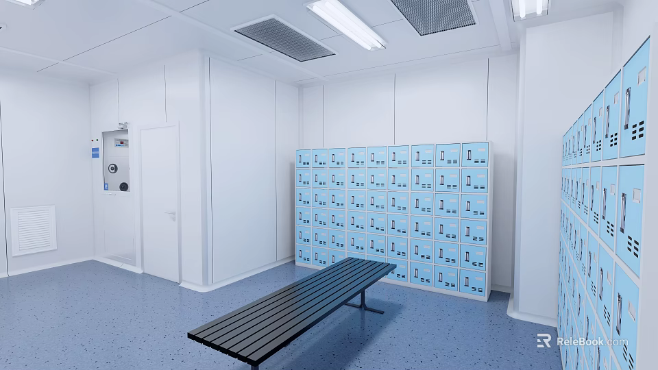 Spacious Locker Room With Blue Lockers Black Bench White Walls Ceiling Vents And Lighting 3d model 