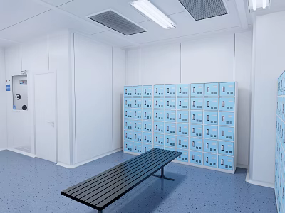Spacious Locker Room With Blue Lockers Black Bench White Walls Ceiling Vents And Lighting 3d model