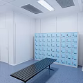 Spacious Locker Room With Blue Lockers Black Bench White Walls Ceiling Vents And Lighting