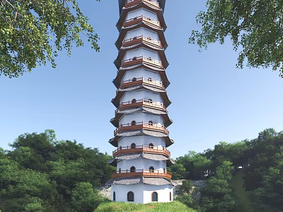 Traditional Multi tiered Pagoda Surrounded by Lush Green Trees in Natural Landscape 3d model