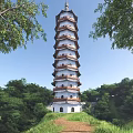 Traditional Multi tiered Pagoda Surrounded by Lush Green Trees in Natural Landscape
