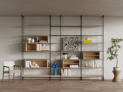 Modern Metal Wooden Shelf Bookcase With Decorative Items Books Abstract Painting White Chair Green Plant 3d model