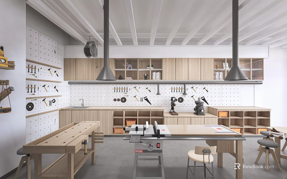 School Craft Workshop Interior With Workbenches Tool Wall And Storage Shelves 3d model 