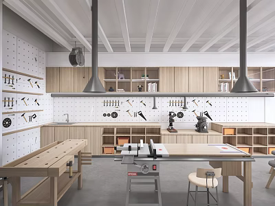 School Craft Workshop Interior With Workbenches Tool Wall And Storage Shelves 3d model