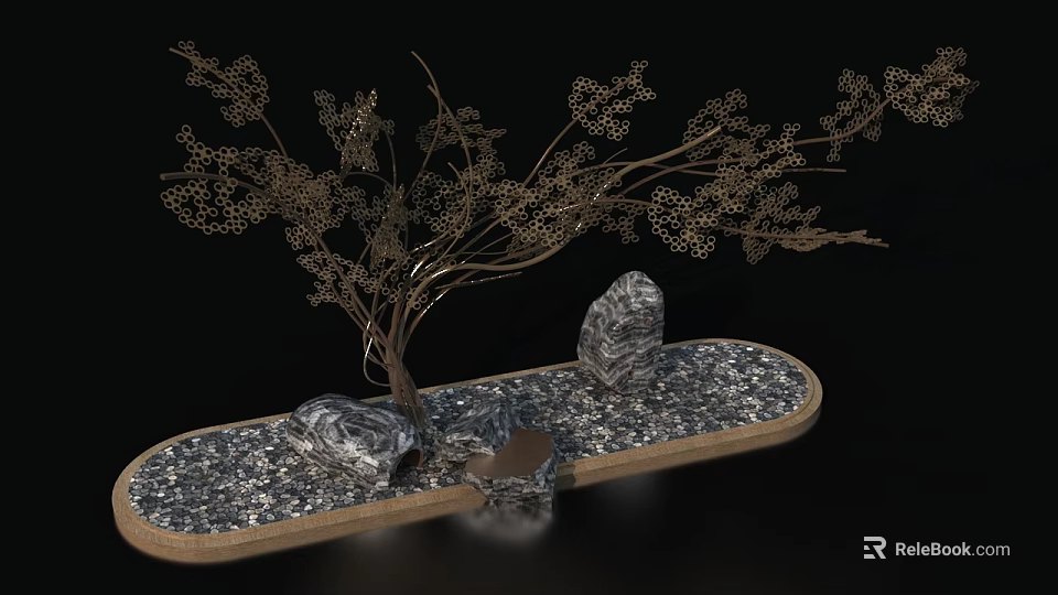 Modern Decorative Ornament Set With Metallic Branch And Stone Accents On Textured Base 3d model 