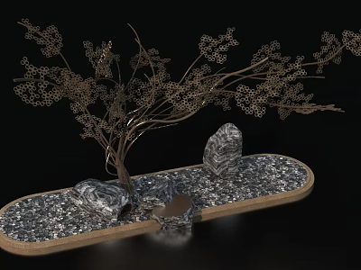 Modern Decorative Ornament Set With Metallic Branch And Stone Accents On Textured Base 3d model