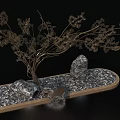 Modern Decorative Ornament Set With Metallic Branch And Stone Accents On Textured Base
