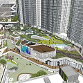 Commercial Street with Tall Buildings Open Space Greenery and Circular Plaza