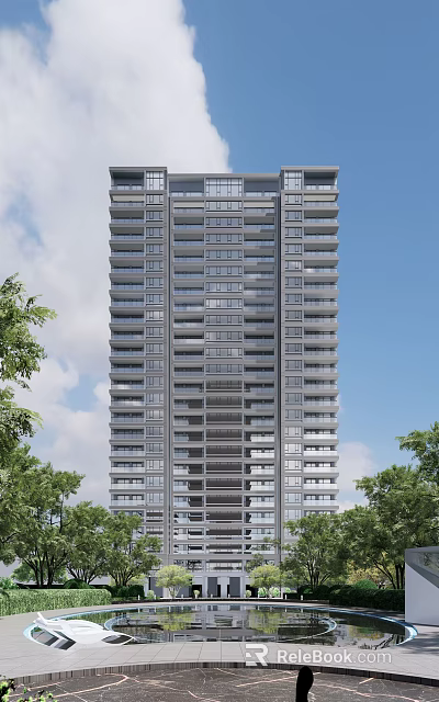 Modern High Rise Building Exterior With Glass Windows and Surrounding Green Trees 3d model 