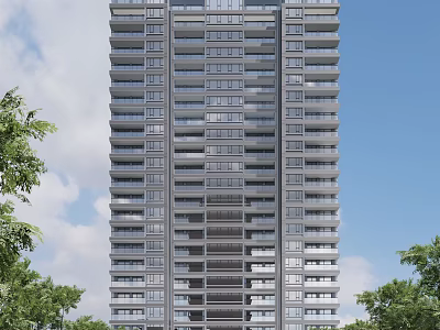 Modern High Rise Building Exterior With Glass Windows and Surrounding Green Trees 3d model