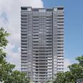 Modern High Rise Building Exterior With Glass Windows and Surrounding Green Trees