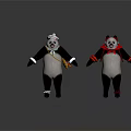 Two Stuffed Panda Dolls In Different Costumes With White Hat And Red Bow