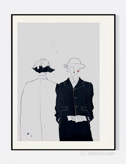 Minimalist Black and White Portrait Painting Featuring Two Figures Line Art Silhouette 3d model 