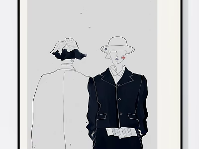 Minimalist Black and White Portrait Painting Featuring Two Figures Line Art Silhouette 3d model