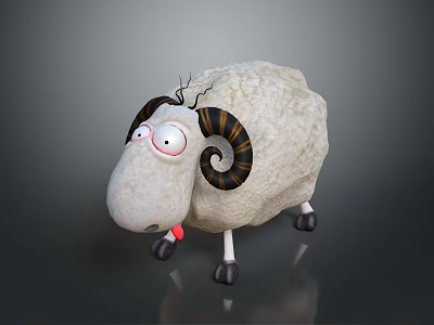 Cartoon Style Fluffy Sheep With Curled Horns Big Eyes And Sticking Tongue 3d model