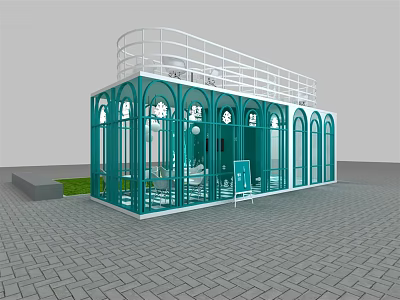 Green Hotel Public Lounge Area With Arched Glass Walls Balcony Lawn And Brick Pavement 3d model