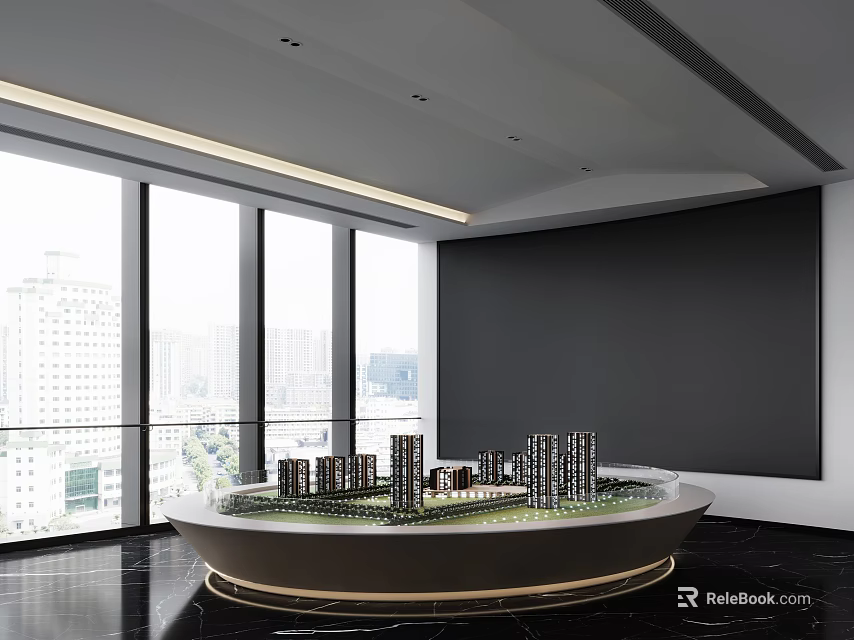 Modern Real Estate Sales Office With Building Models And Floor To Ceiling Windows 3d model 