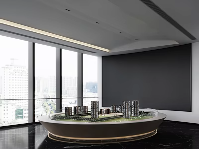 Modern Real Estate Sales Office With Building Models And Floor To Ceiling Windows 3d model