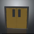 Yellow Building Double Doors With Gray Frame And Two Rectangular Glass Panels
