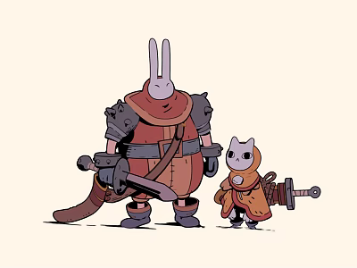 Game Movie Characters Rabbit Head Armored Figure And Small Cat Companion With Weapons 3d model