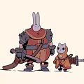 Game Movie Characters Rabbit Head Armored Figure And Small Cat Companion With Weapons
