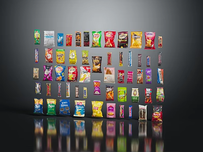 Variety of Colorful Snack Packages Arranged in Wall Display Design 3d model