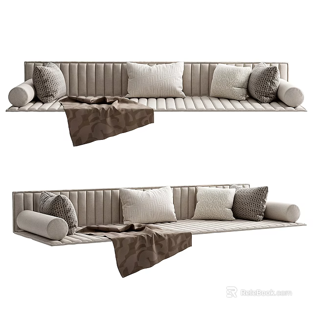 Multiple Decorative Pillows On Light Colored Tufted Sofa With Brown Throw Blanket 3d model 