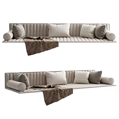 Multiple Decorative Pillows On Light Colored Tufted Sofa With Brown Throw Blanket 3d model