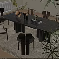 Modern Rectangular Dining Table Set with Marble Top Wooden Chairs and Decorative Vase Candles 3d model