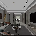 Modern Elegant Living Dining Room With Open Concept Marble Floor Beige Walls White Cabinets And Sofa