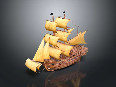 Classic Wooden Sailing Ship Model With Yellow Sails And Tall Masts 3d model