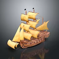 Classic Wooden Sailing Ship Model With Yellow Sails And Tall Masts